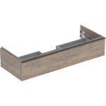 Mueble bajo Geberit iCon para lavabo, con un cajón: Ancho de lavabo=120cm, Cuerpo y frontal: nogal hickory/melamina con textura de madera, Tirador: lava/con pintura polvo al horno mate